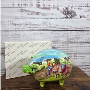 Annaco Creations Hand Painted Pig Piggy Bank Horse Cowboy
